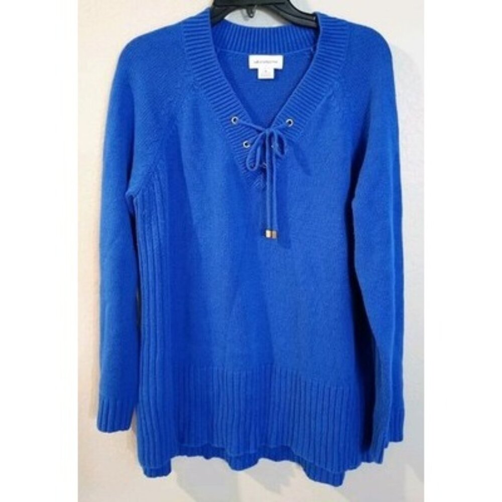 Liz Claiborne Women's Blue Sweater XL Lace-Up Heavyweight Ribbed Cotton Acrylic